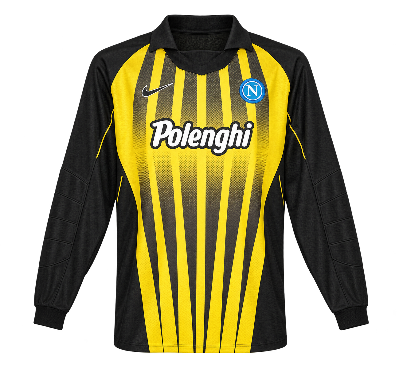 Reinterpretazione con IA della maglia Portiere · maglia Campionato gialla e nera a strisce verticali 1998-99